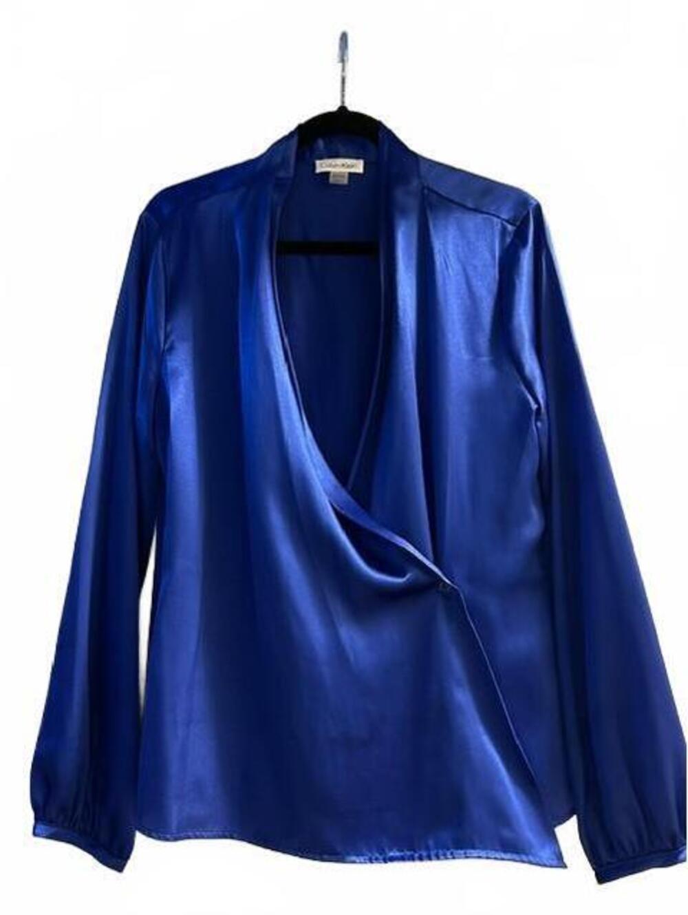 Calvin Klein Women's Satin Wrap Blouse in Royal Blue XL